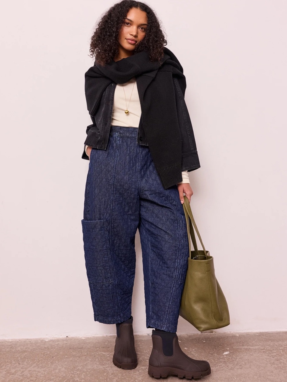 Beyond Nine Amala Quilted Denim Barrel Leg Trousers Dark Blue Pants NWT XS